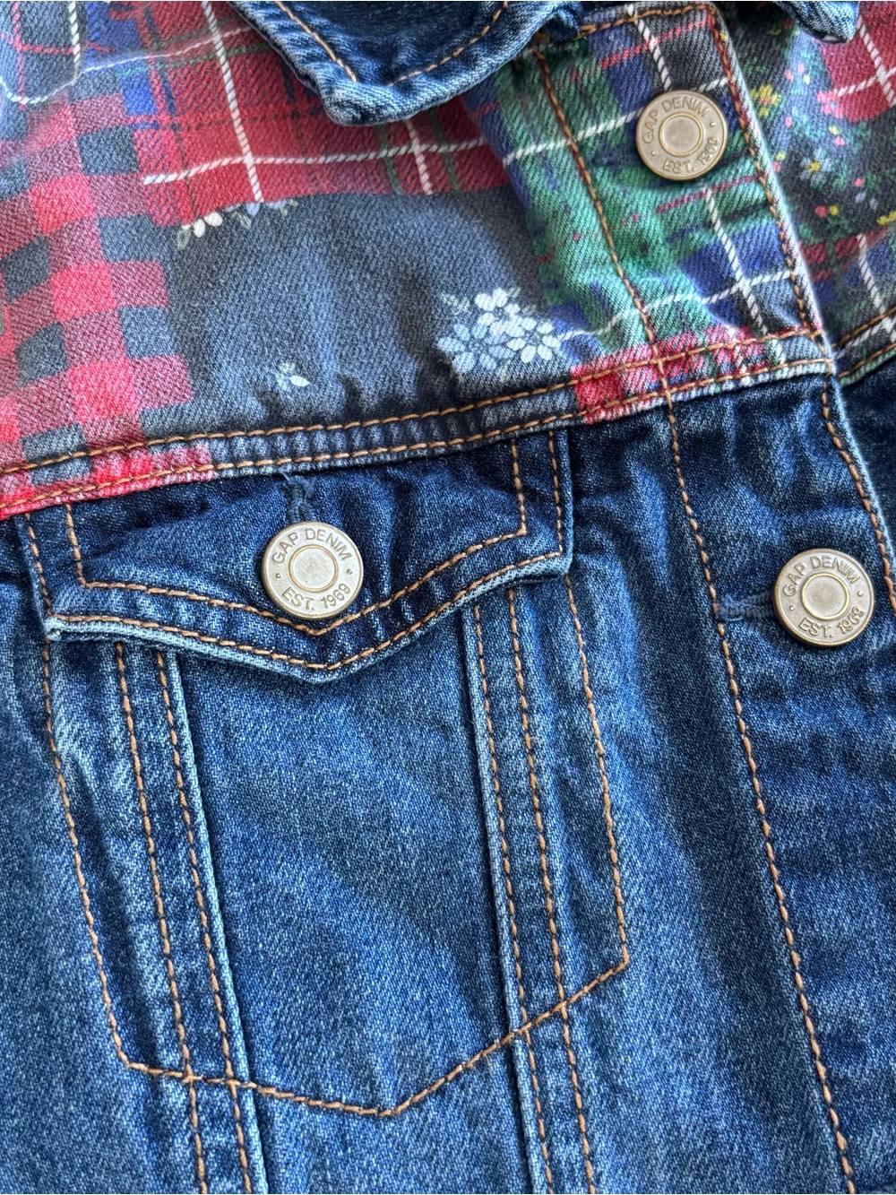 Gap Kids Girls Plaid Patchwork Denim Icon Jean Jacket Festive Holiday - Picture 2 of 10